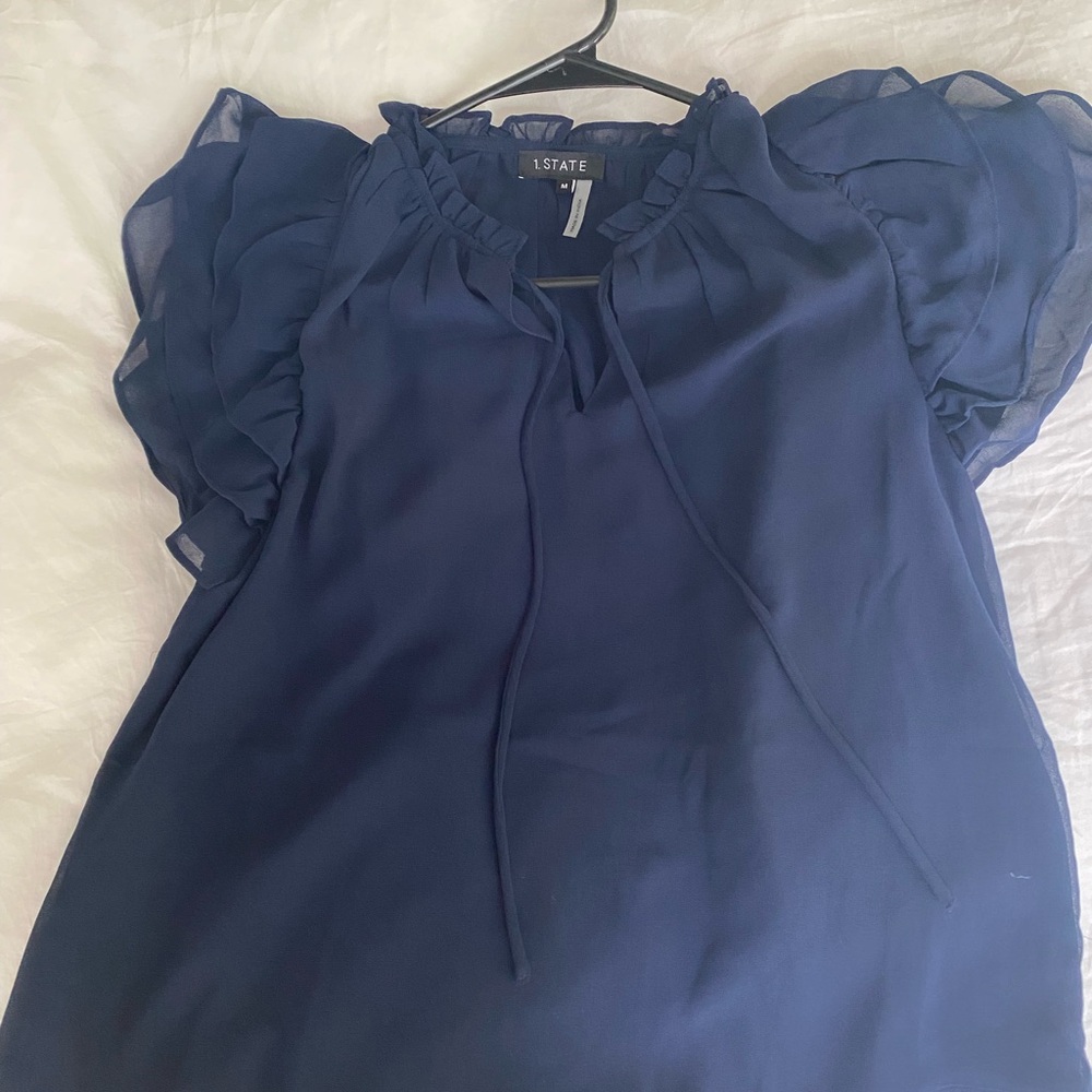 1. State Women's Deep Blue Ruffle Sleeve Blouse